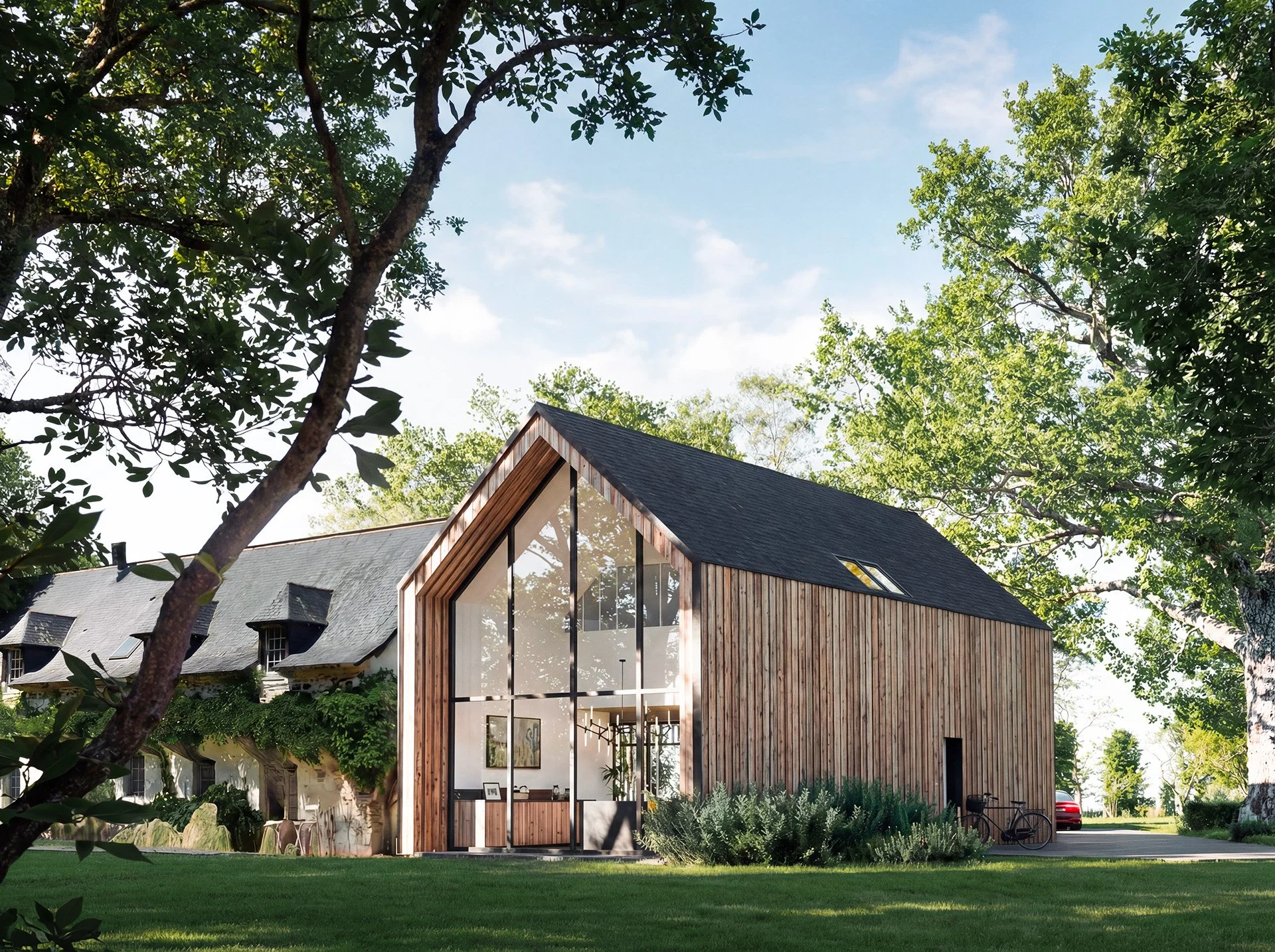 Insertion paysagère d'une extension en bois sur une maison en pierre