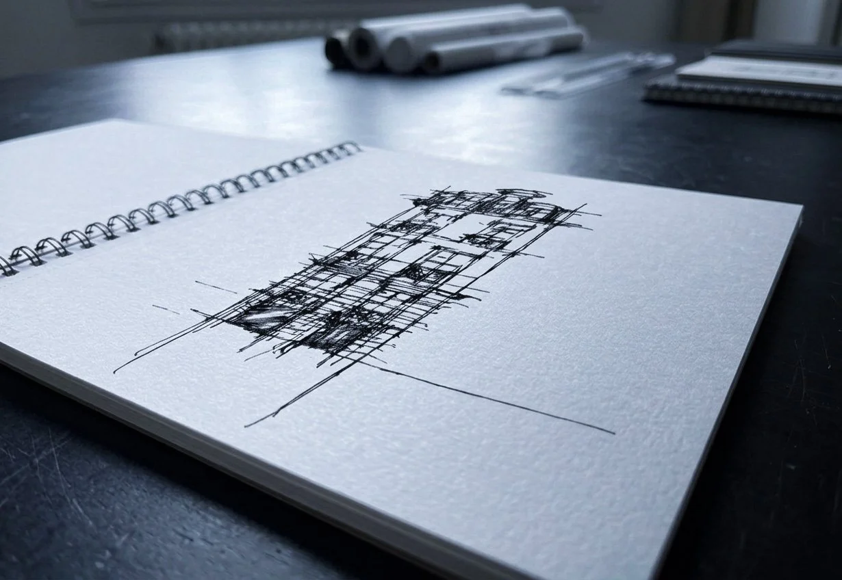 Carnet avec dessin architectural en noir sur la page.