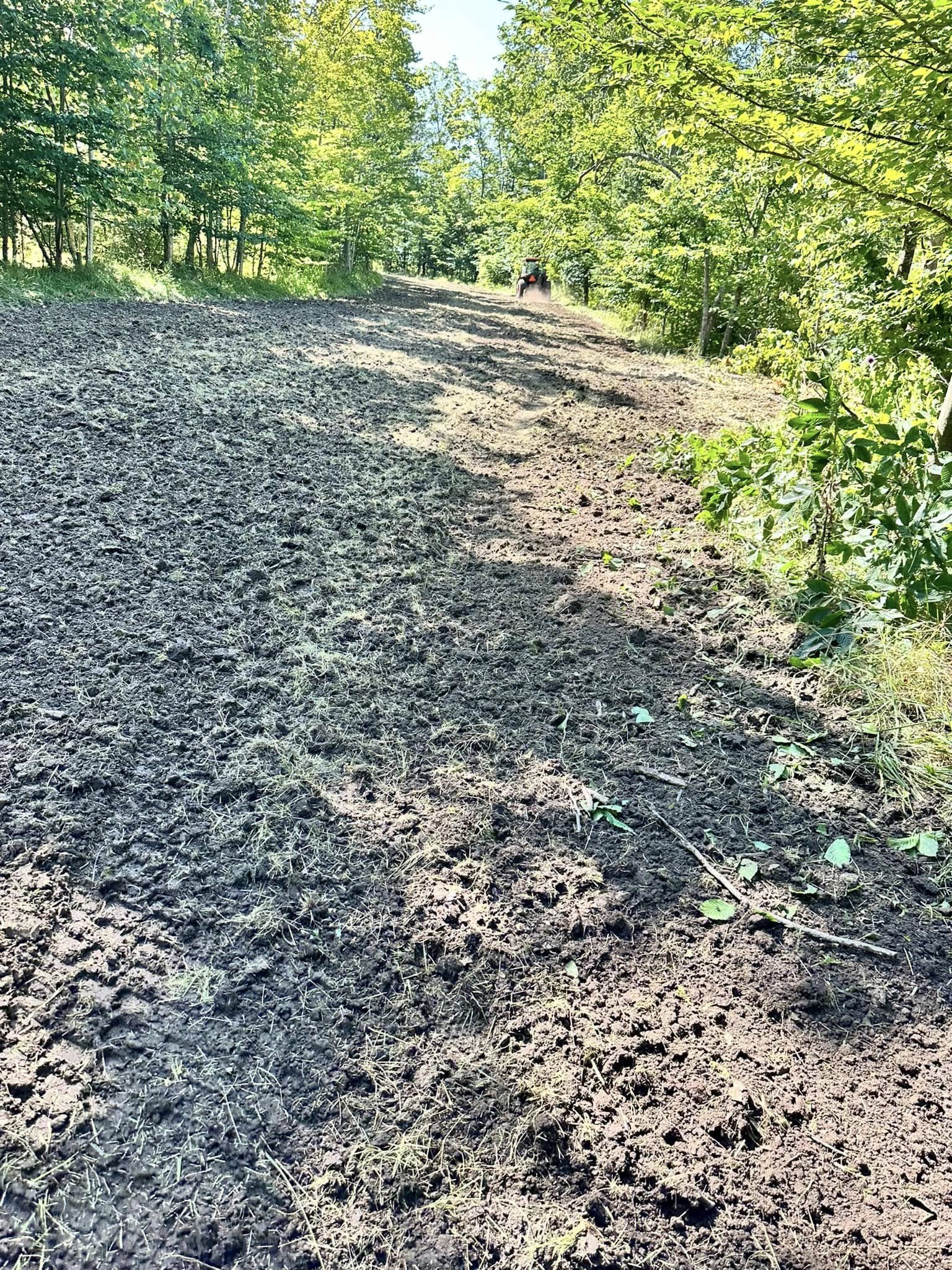 Tilled dirt path in a forest with a tractor in the distance