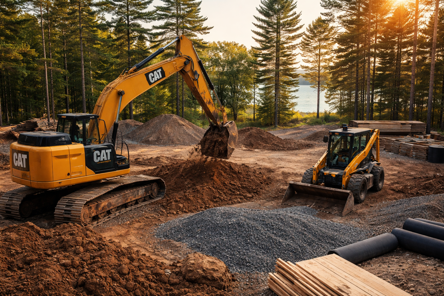 Construction site with an excavator and skid-steer loader moving dirt, surrounded by trees and a lake in the background during sunset.