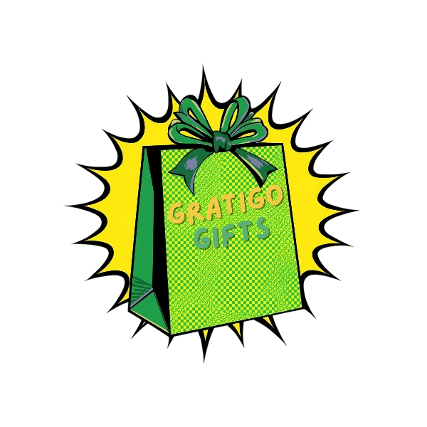 A bright green gift bag with a dark green ribbon and bow, and the words 'GRATIGO GIFTS' written on it, surrounded by a comic-style yellow burst background.