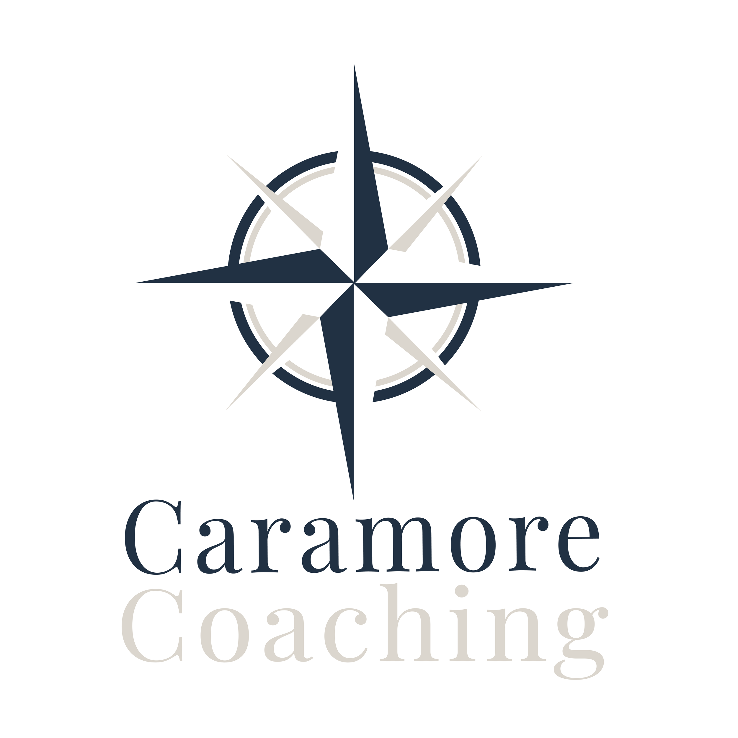 A logo with a stylized compass rose and the text "Caramore Coaching" underneath.