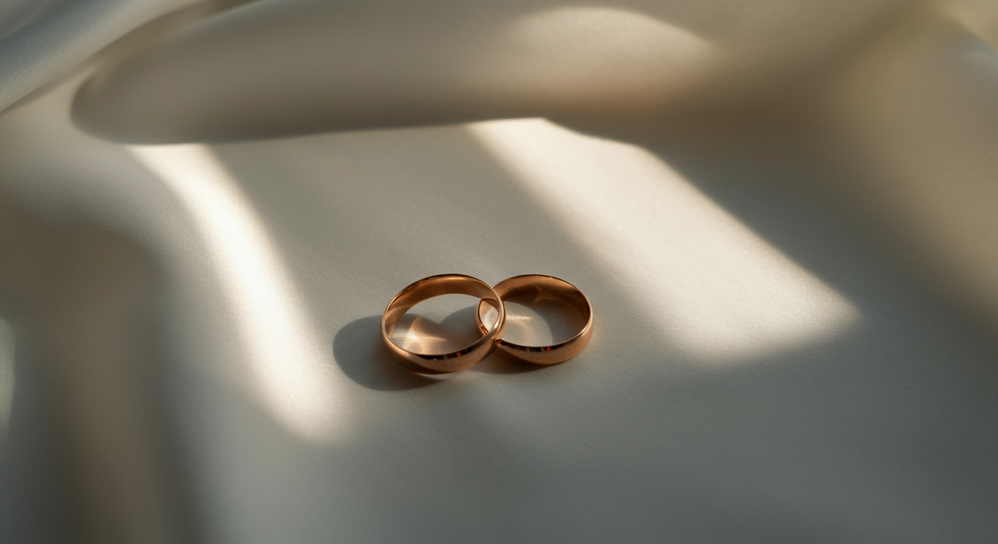 Two gold wedding bands on a light-colored surface with soft shadows and fabric in the background.