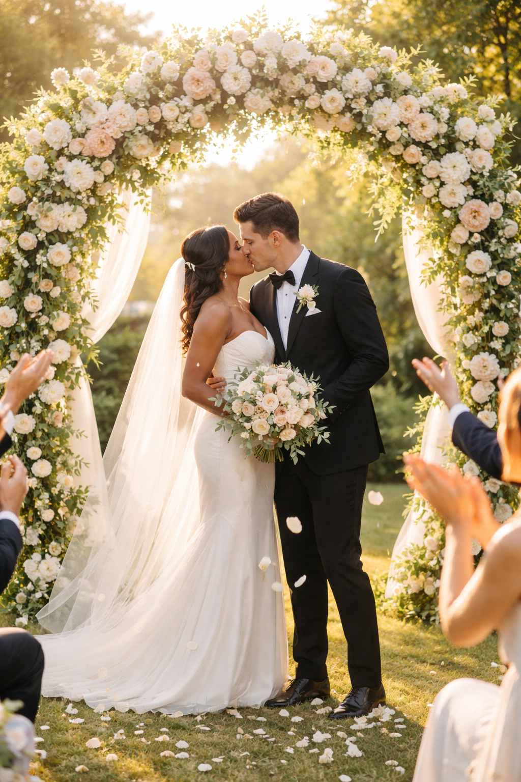 Newlyweds embrace under floral arch.png