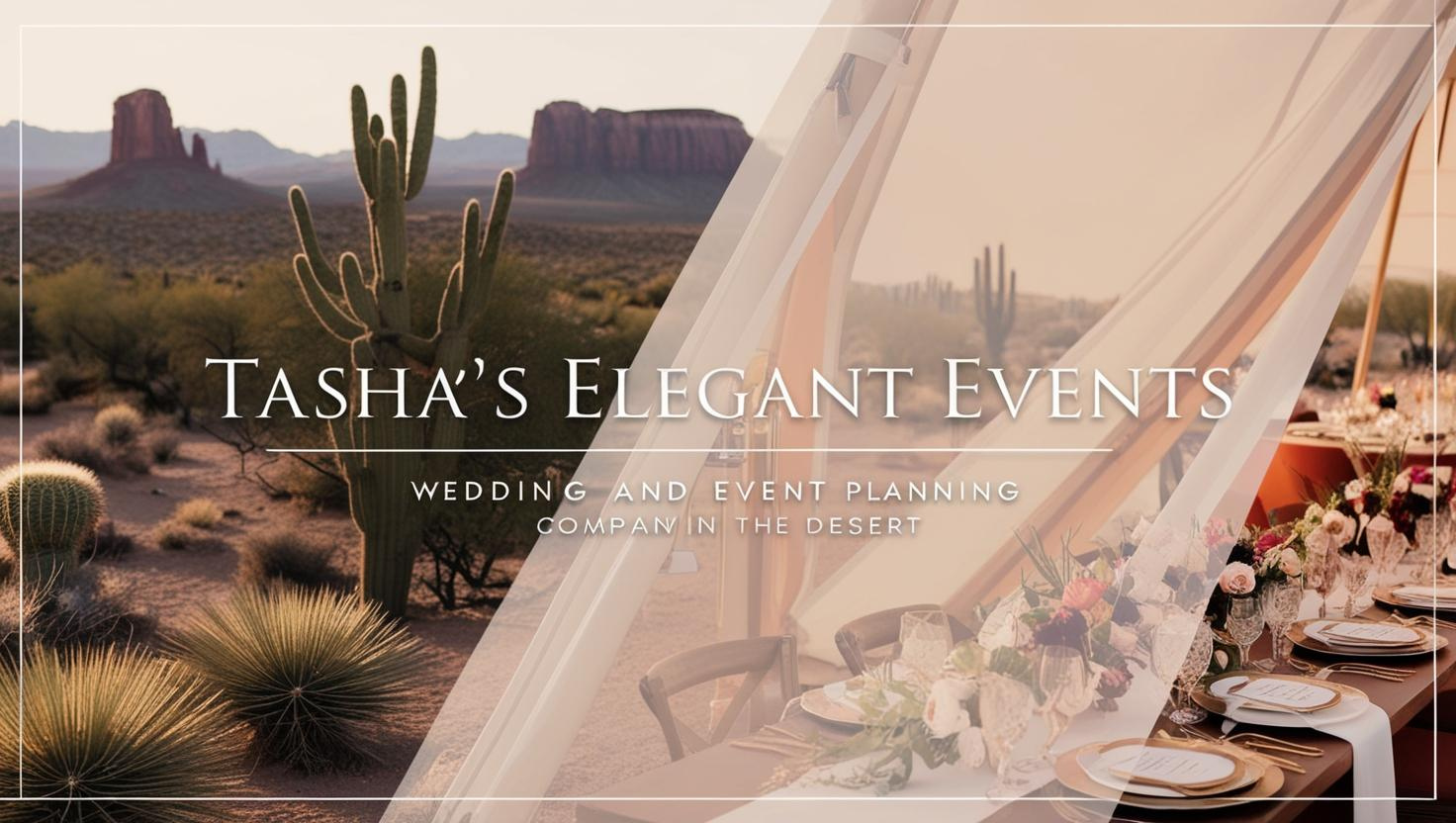A desert landscape with cacti, mesas, and rock formations, overlaid with a semi-transparent photo of a decorated dining table with floral arrangements, set for an event.