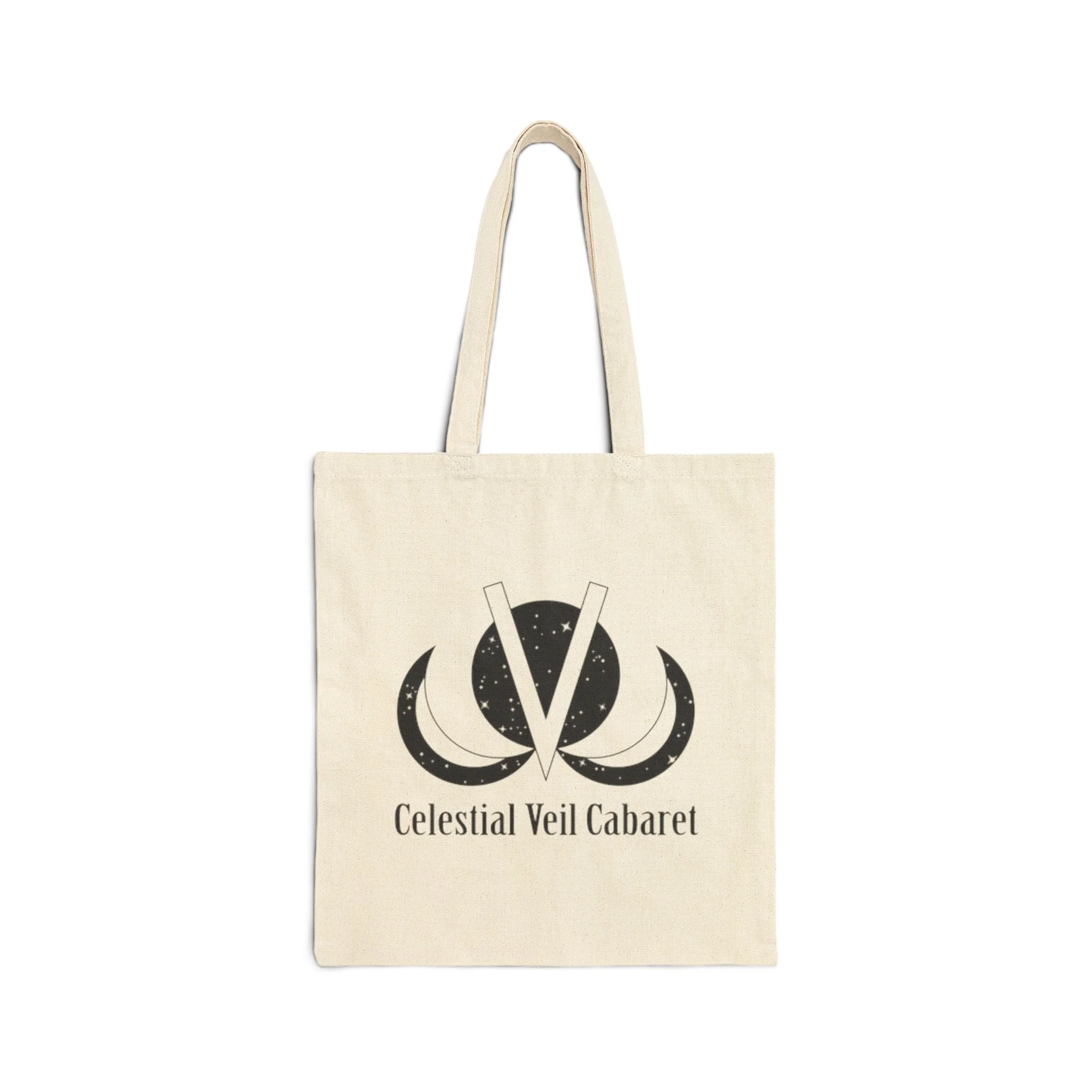 Beige tote bag with a black celestial design and the text 'Celestial Veil Cabaret'
