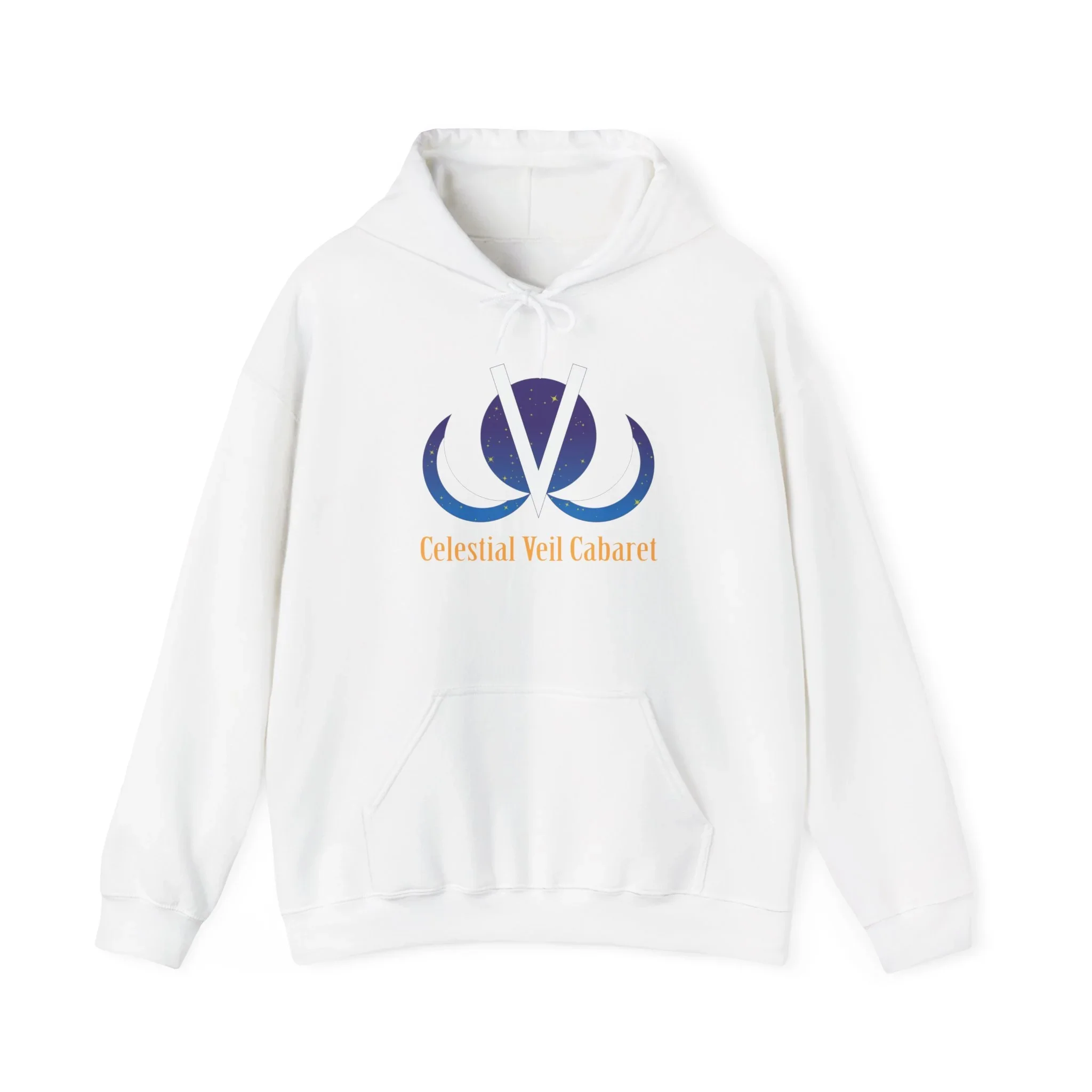 White hoodie with a graphic design featuring a celestial theme and the text 'Celestial Veil Cabaret'.