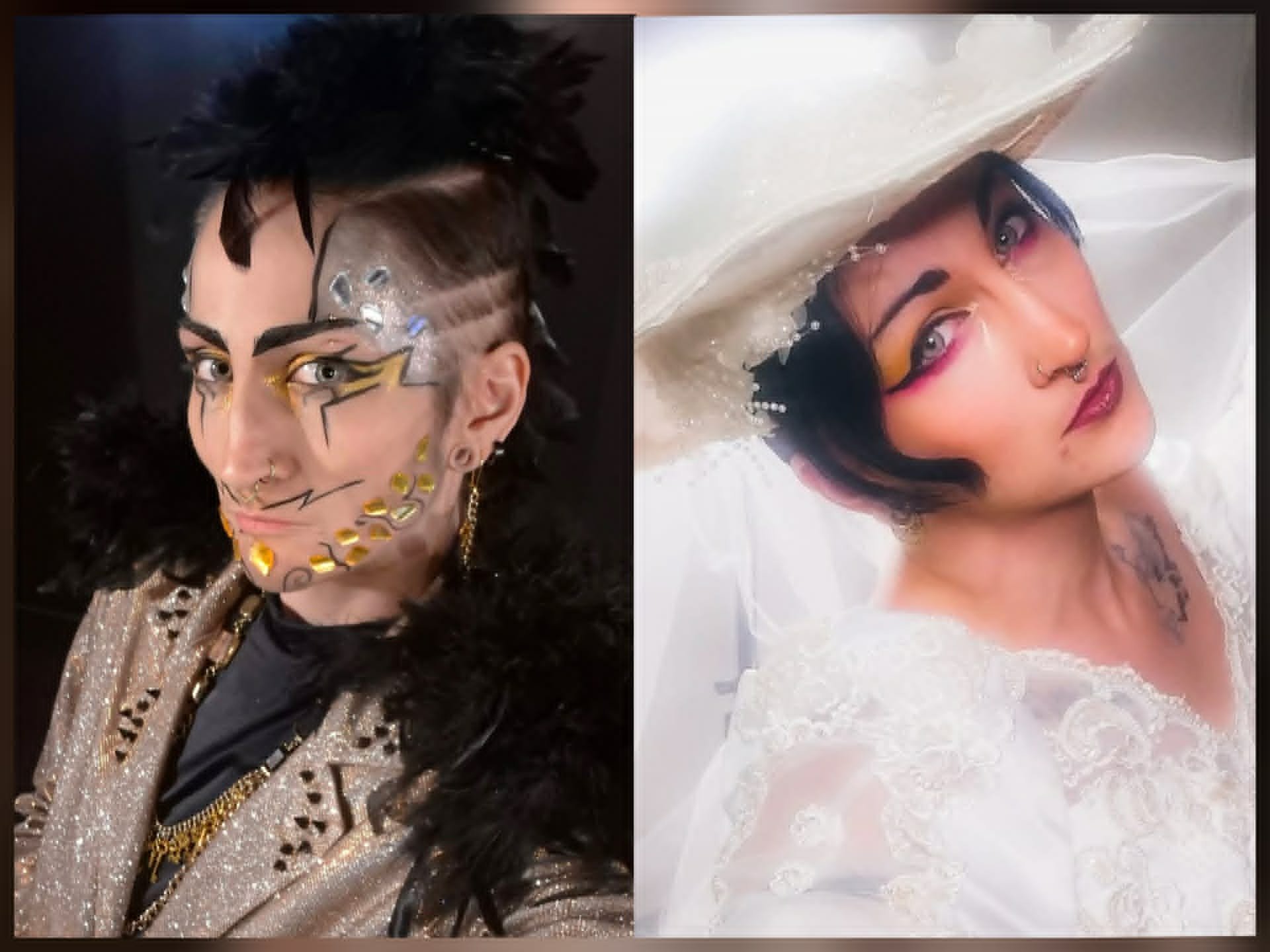 Split-screen photo of both personas of the same performer. One is a man with makeup, a drawn-on beard, and is wearing a gold embellished jacket and the other in a white lace dress and veil.
