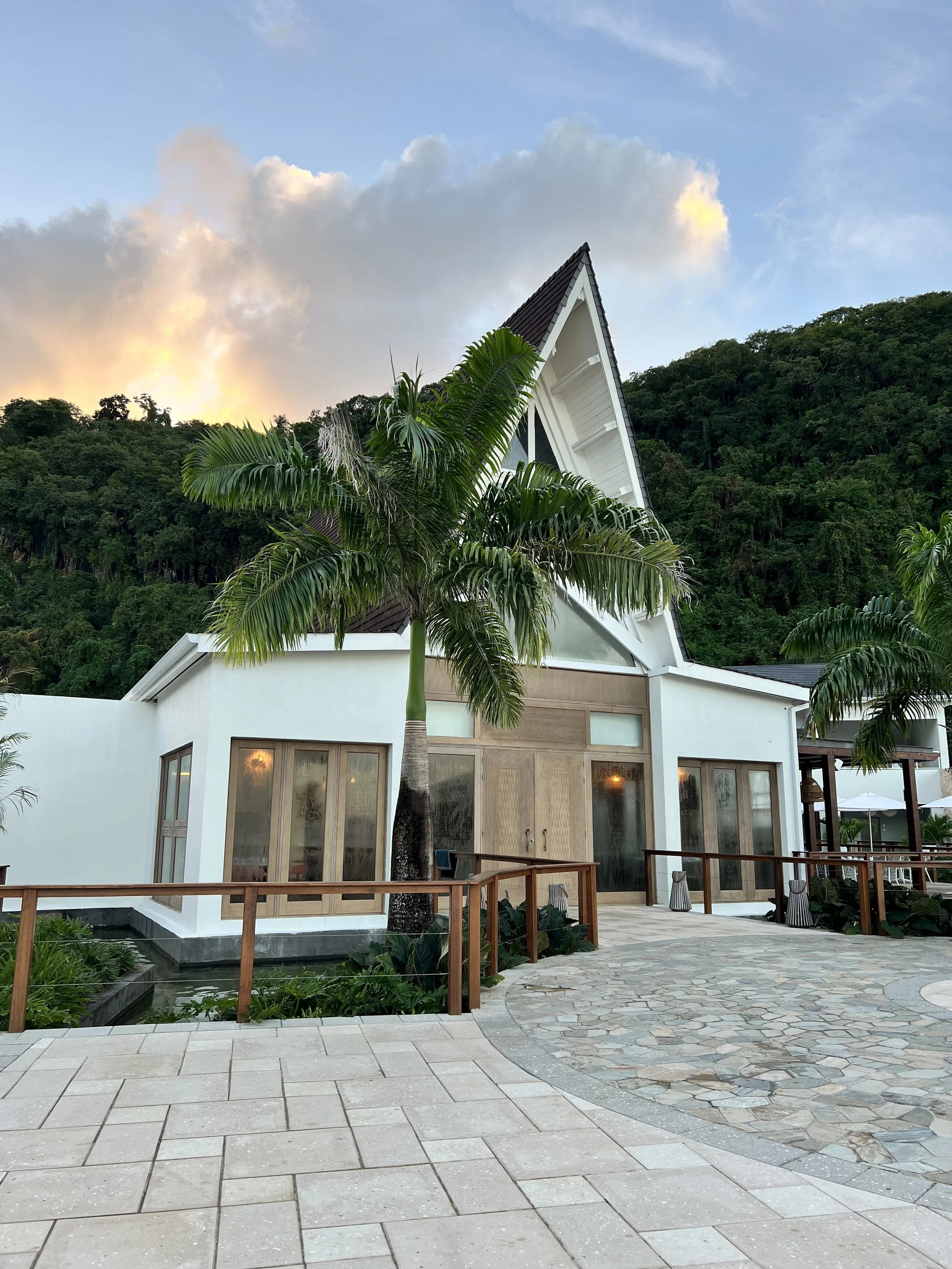 Modern white house with large windows and a wooden door, tropical palm trees in front, a stone patio, and a lush green hillside in the background, under a partly cloudy sky at sunset.