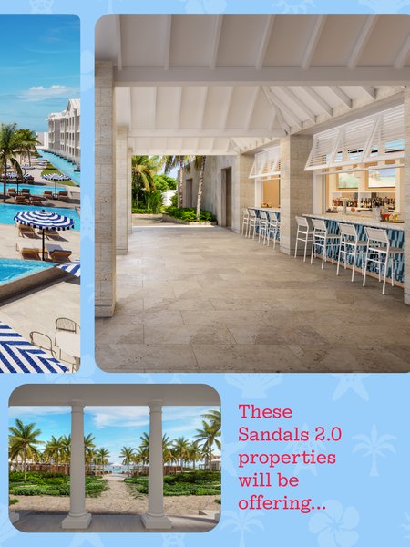Empty bar counter with high chairs inside a coastal resort, with promotional text about Sandals 2.0 properties and images of poolside and beach views.