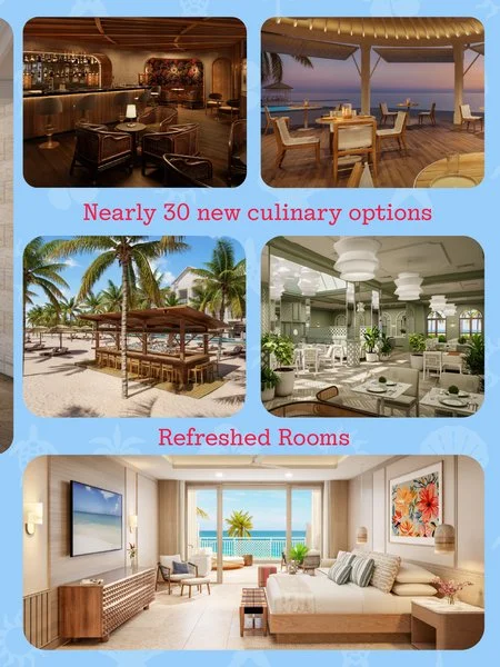 Collage of four images showcasing different vacation destinations and amenities. The top left shows a cozy indoor bar or lounge area. The top right shows an outdoor dining area on a deck overlooking the ocean at sunset. The bottom left shows a beachside cabana with palm trees. The bottom right shows a bright, modern hotel room with a balcony view of the ocean, decorated with light-colored furniture and artwork.
