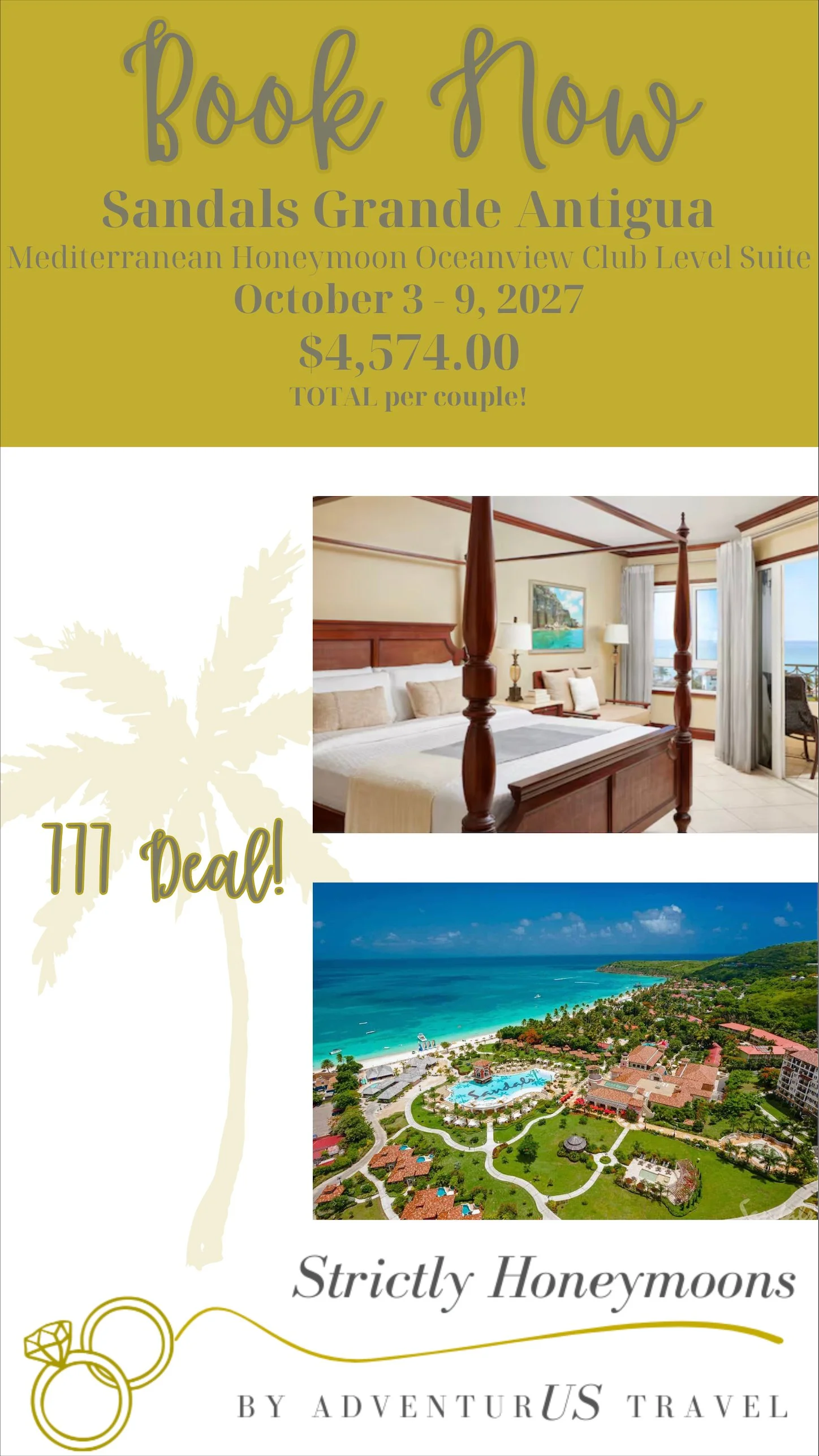 Promotional flyer for Sandals Grande Antigua, an all-inclusive Caribbean resort, featuring images of a hotel room with a four-poster bed, and aerial views of the resort area along the coastline with beaches, pool, and lush greenery.