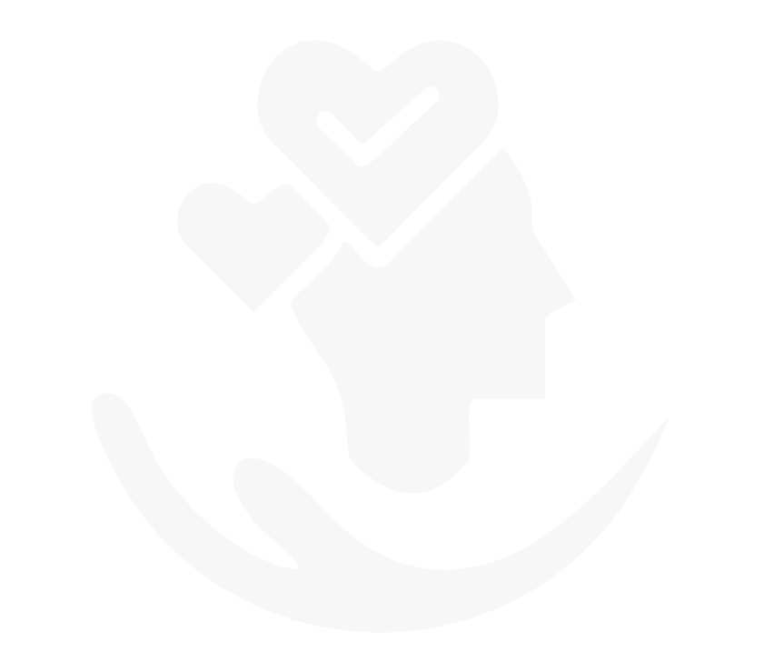 A stylized illustration of a hand holding two hearts, one with a checkmark, representing care or support.