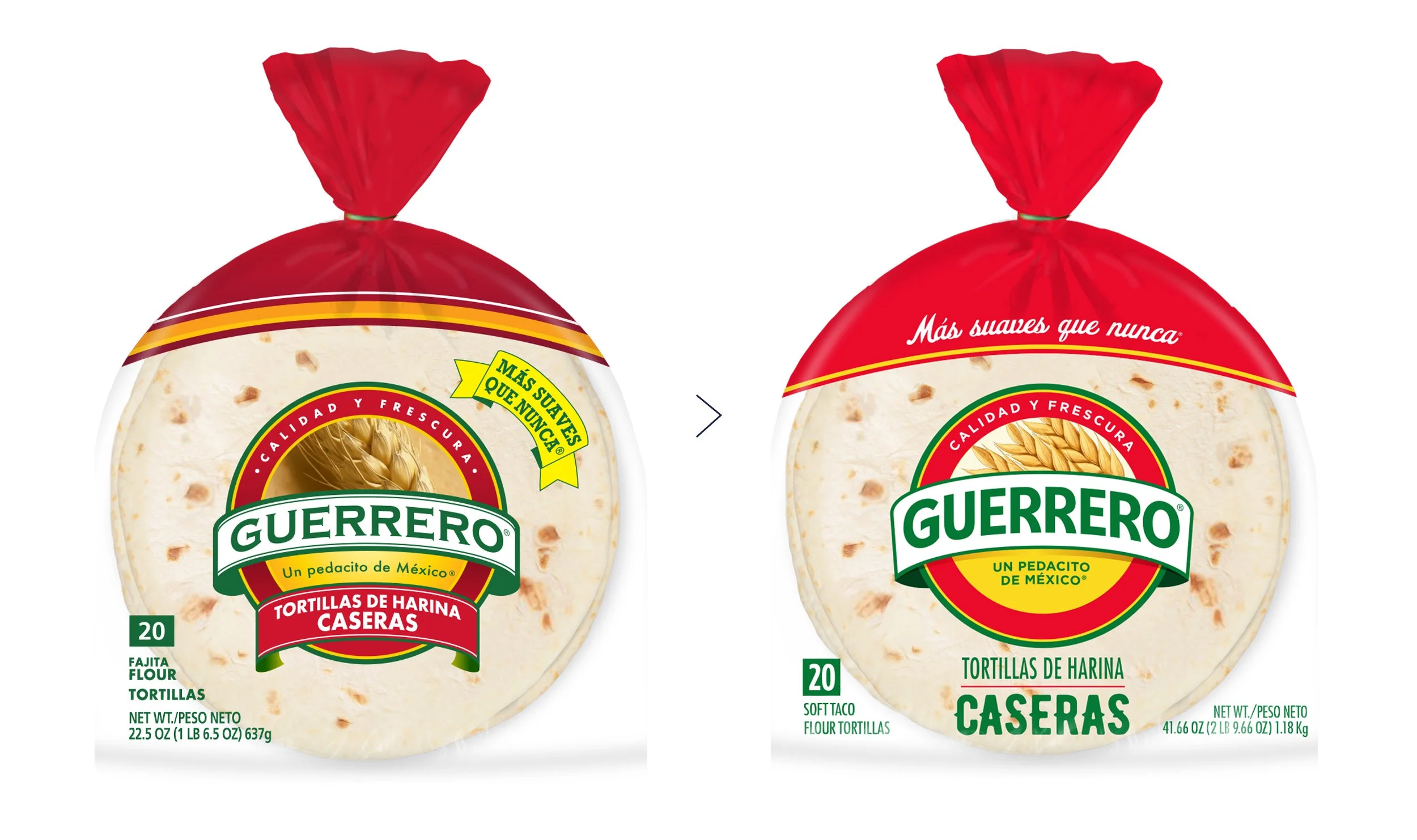 Package of Guerrero brand flour tortillas with red, yellow, and green labeling, depicting early morning wheat fields, with Spanish text on the packaging highlighting features such as soft and fresh taste, and net weight information.