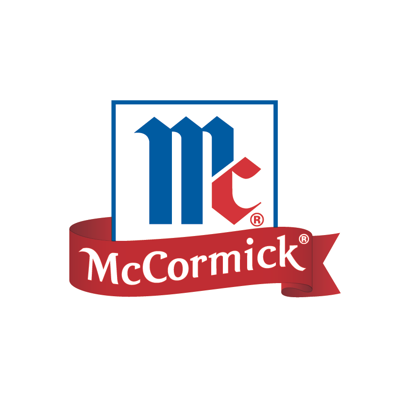 McCormick logo featuring a stylized blue 'M' and a red 'C' within a square, with a red ribbon banner below reading 'McCormick'.