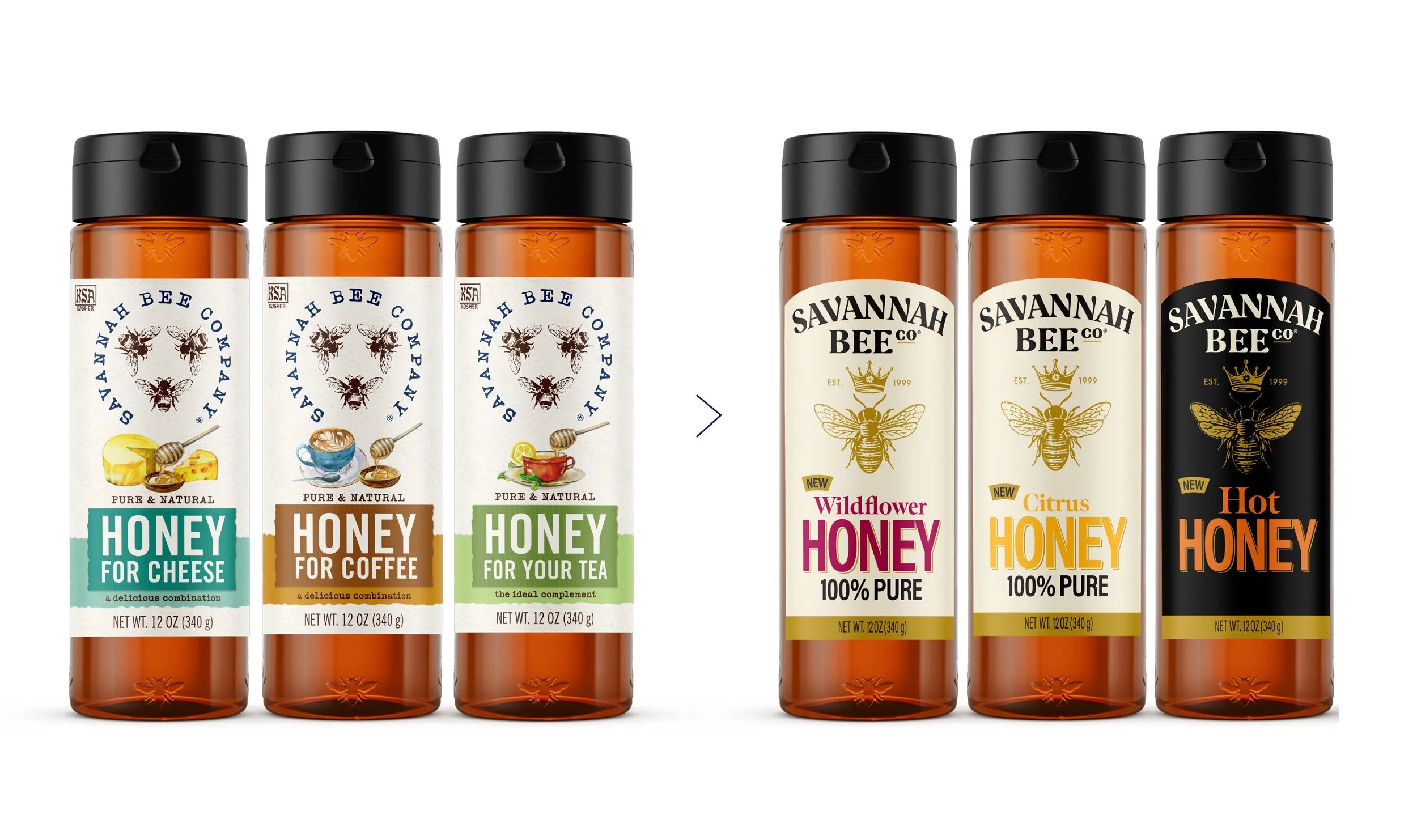 Six bottles of honey flavored products with different labels: three on the left are labeled "Honey for Cheese," "Honey for Coffee," and "Honey for Your Tea" with colorful backgrounds, and three on the right are labeled "Wildflower Honey," "Citrus Honey," and "Hot Honey" with gold and black backgrounds.