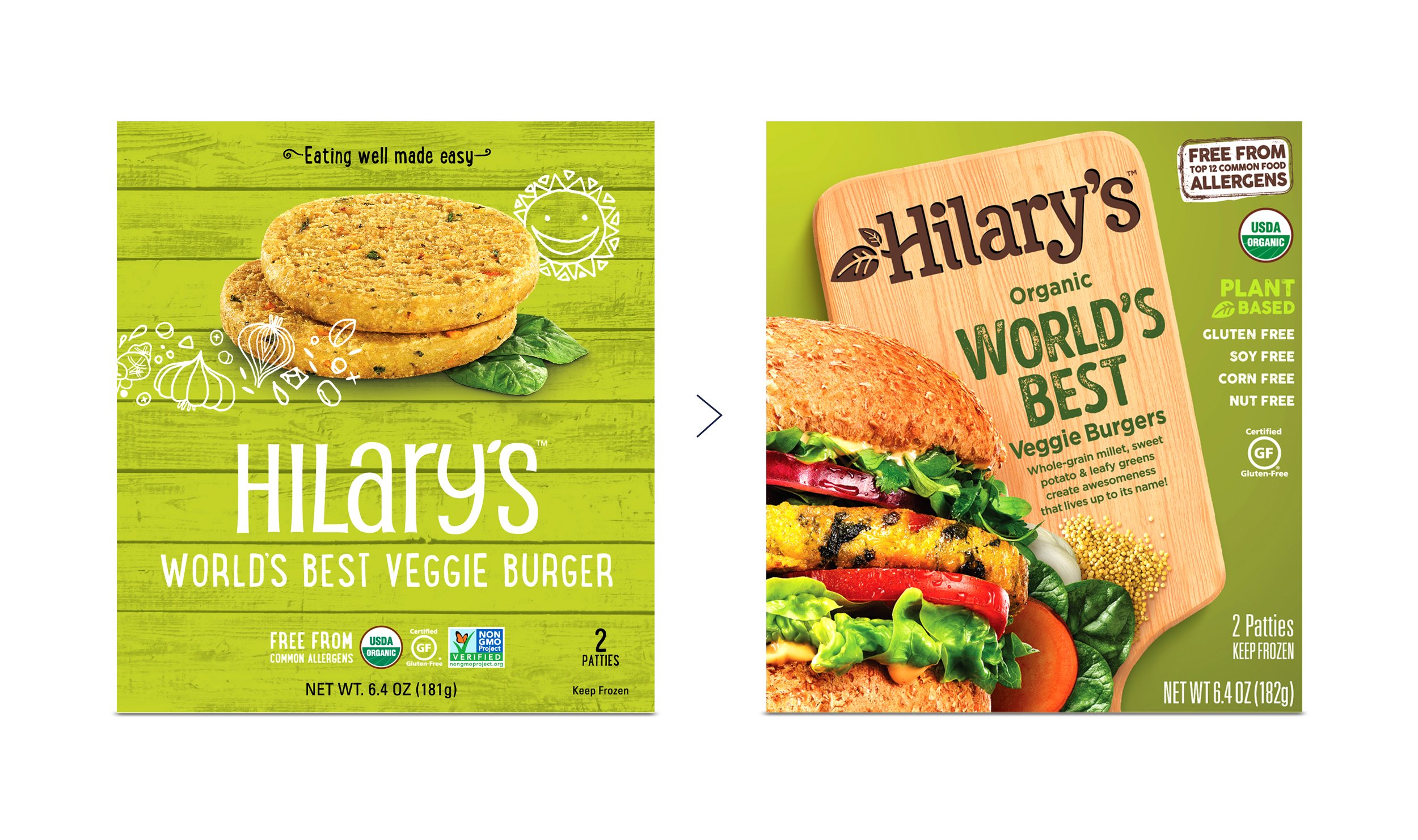 Two packages of Hilary's veggie burger products with green backgrounds. The left package shows veggie burger patties with the text 'Eating well made easy' and 'World's best veggie burger.' The right package displays a vegetable burger with toppings and states it is organic, gluten-free, soy-free, corn-free, and nut-free.