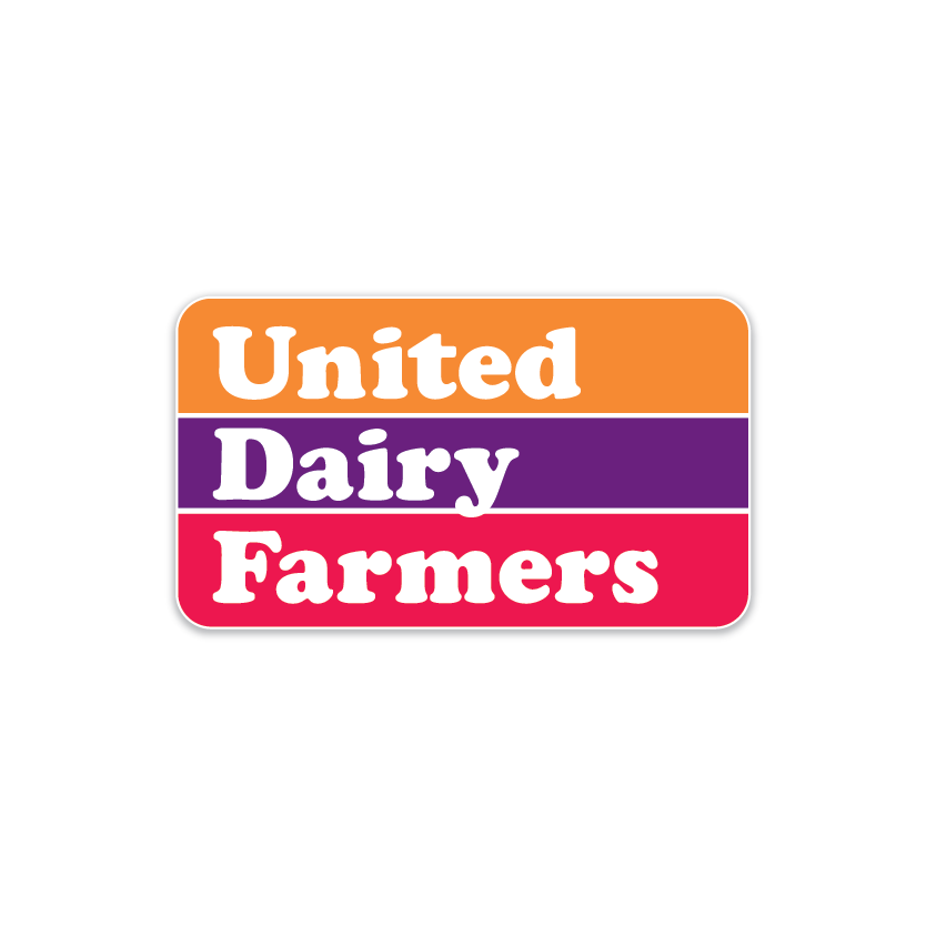 Logo for United Dairy Farmers with three horizontal colored stripes in orange, purple, and red, with the company's name in white text.