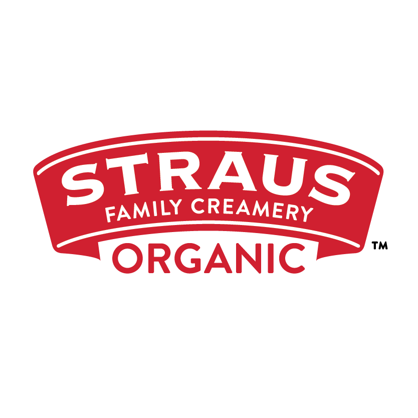 Logo for Straus Family Creamery featuring red and white text with an arched design, including the words "Straus Family Creamery" and "Organic".