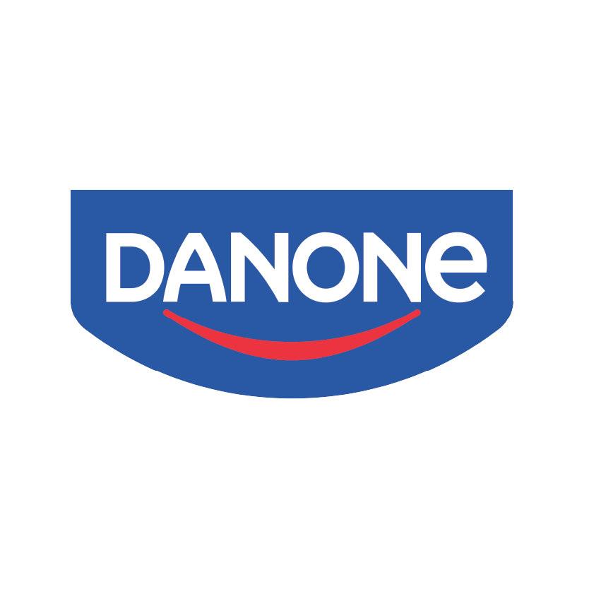 The Danone logo featuring the brand name in a white font inside a blue shield shape with a red smiling curve beneath the text.