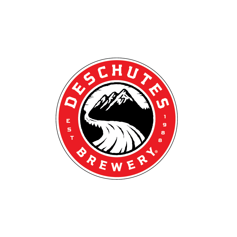 Logo of Deschutes Brewery, featuring a mountain and river scene in black and white with a red circular border, and the text "Deschutes Brewery," "Est 1988".