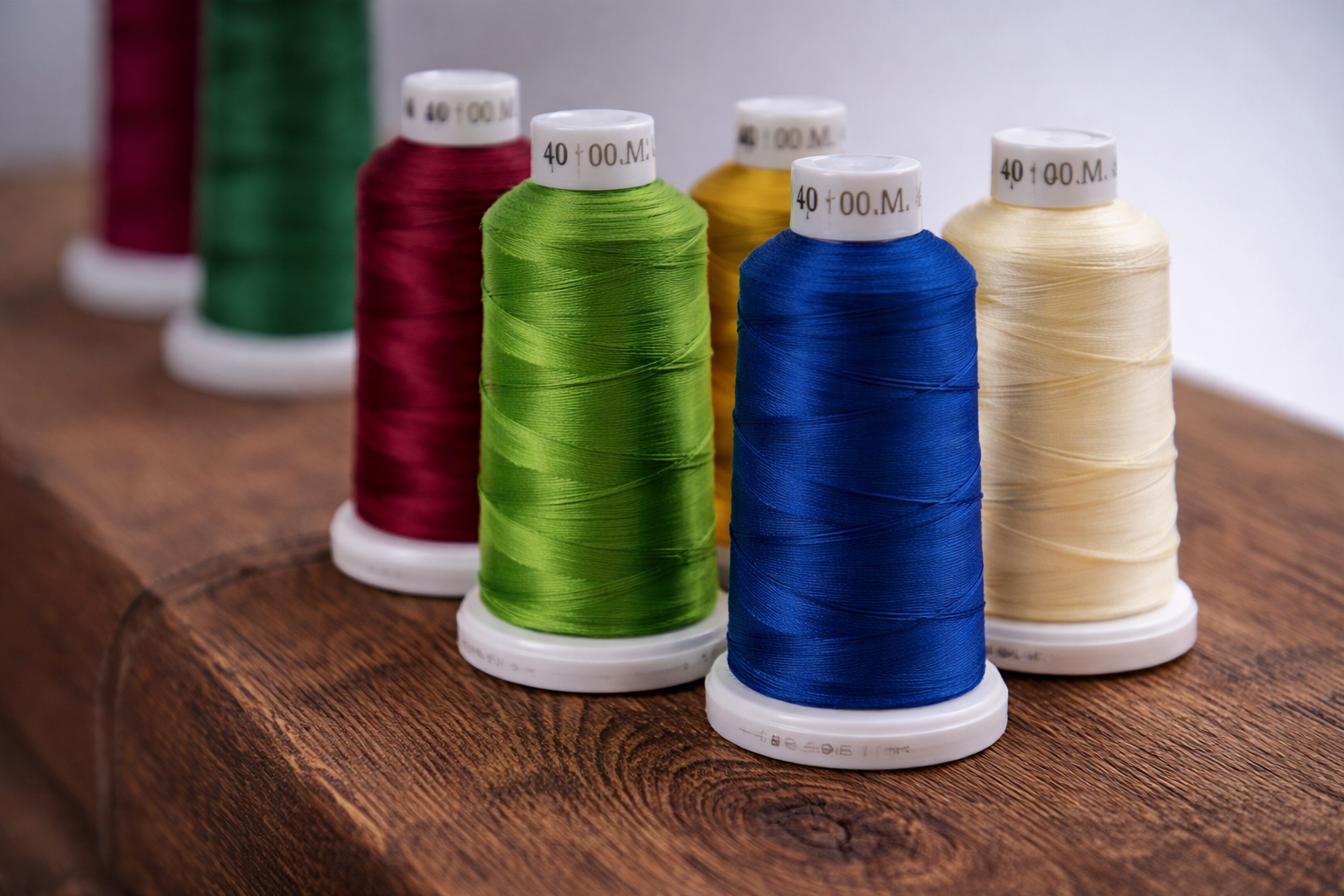 Spools of colorful sewing thread in green, blue, yellow, red, and cream arranged on a wooden surface.