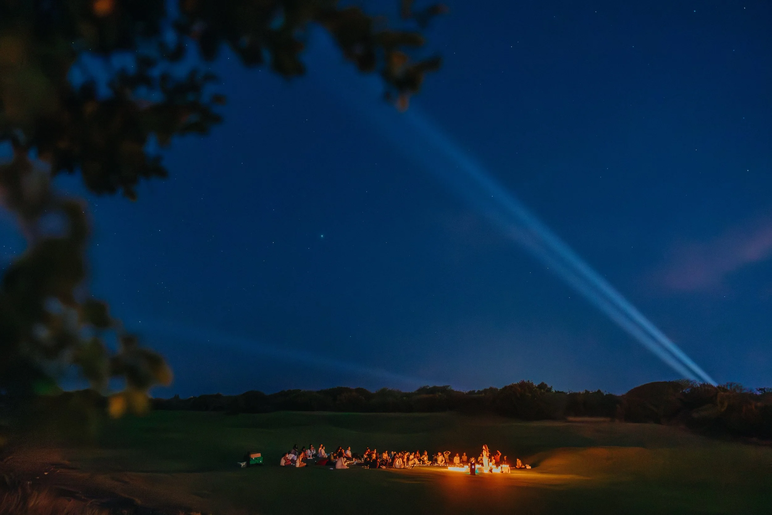 People gathered around a campfire outdoors at night, with a clear starry sky and visible stars, including a bright planet or star, overhead. Tree branches partially obscure the top left corner of the image.