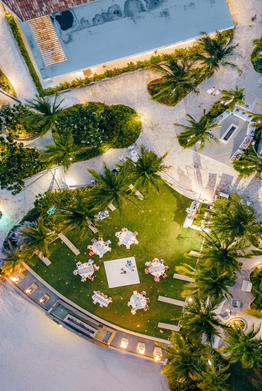 An aerial view of an outdoor event area with round tables, chairs, palm trees, and string lights at dusk.