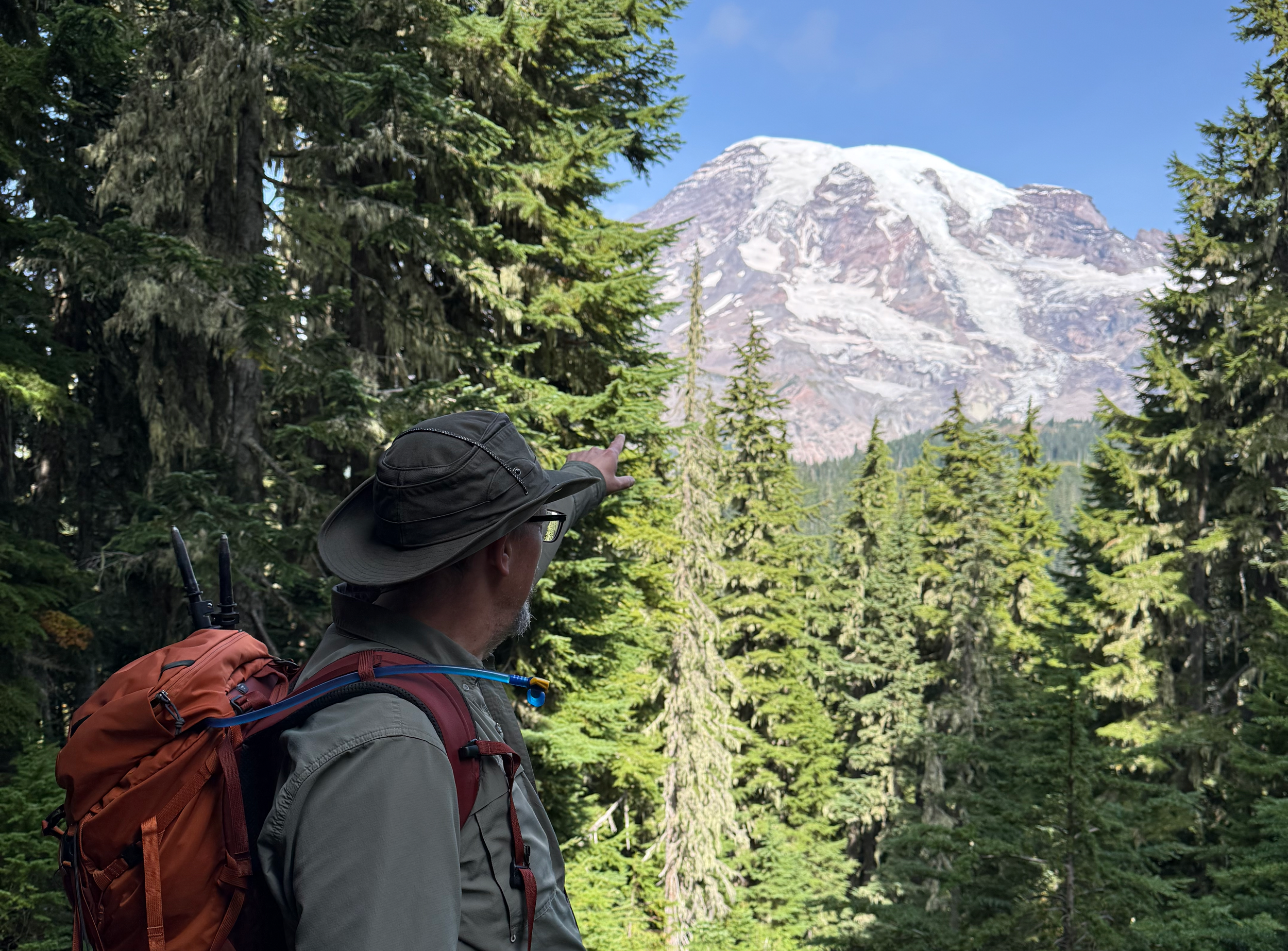 A person with a backpack and wide-brimmed hat in a forest points towards Mount Rainier covered in snow.