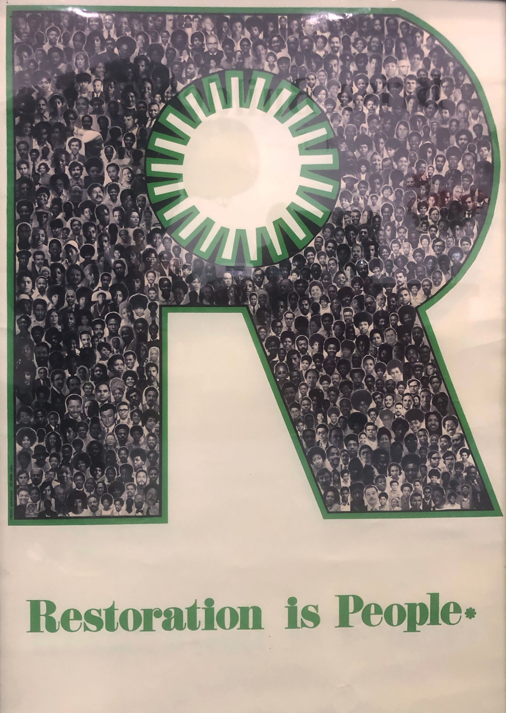 Brisa Builders Corp. A large letter 'R' filled with a collage of black and white photographs of diverse people, with the phrase 'Restoration is People*' written below in green text.