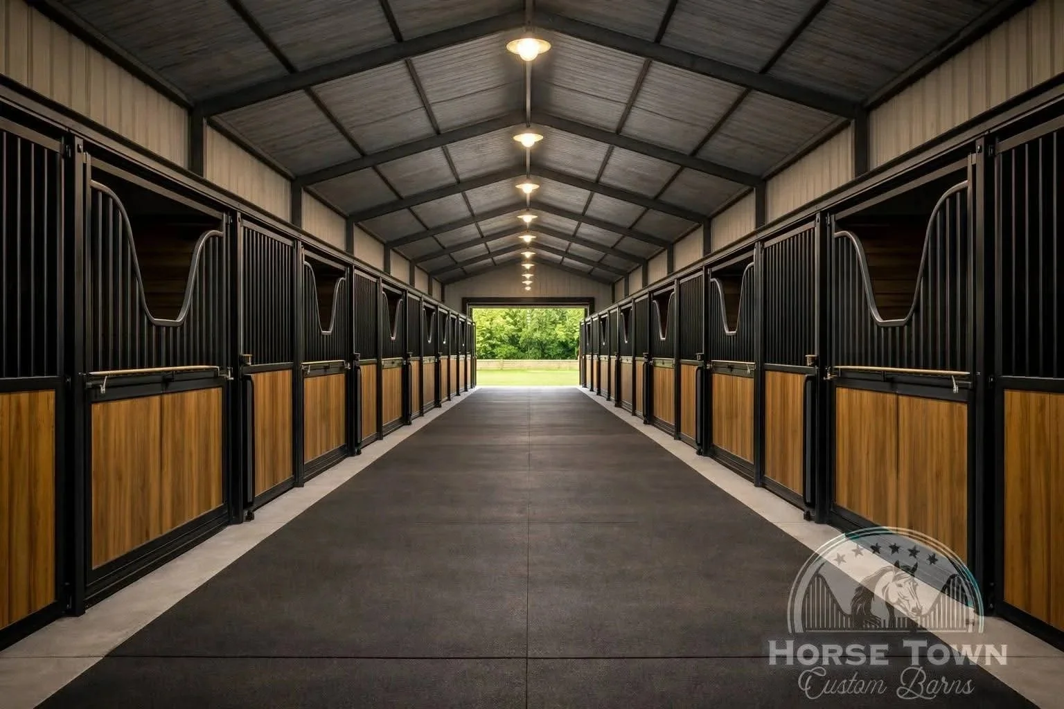 Empty horse stalls inside a barn with a view of green trees outside at Horse Town Custom Barns.