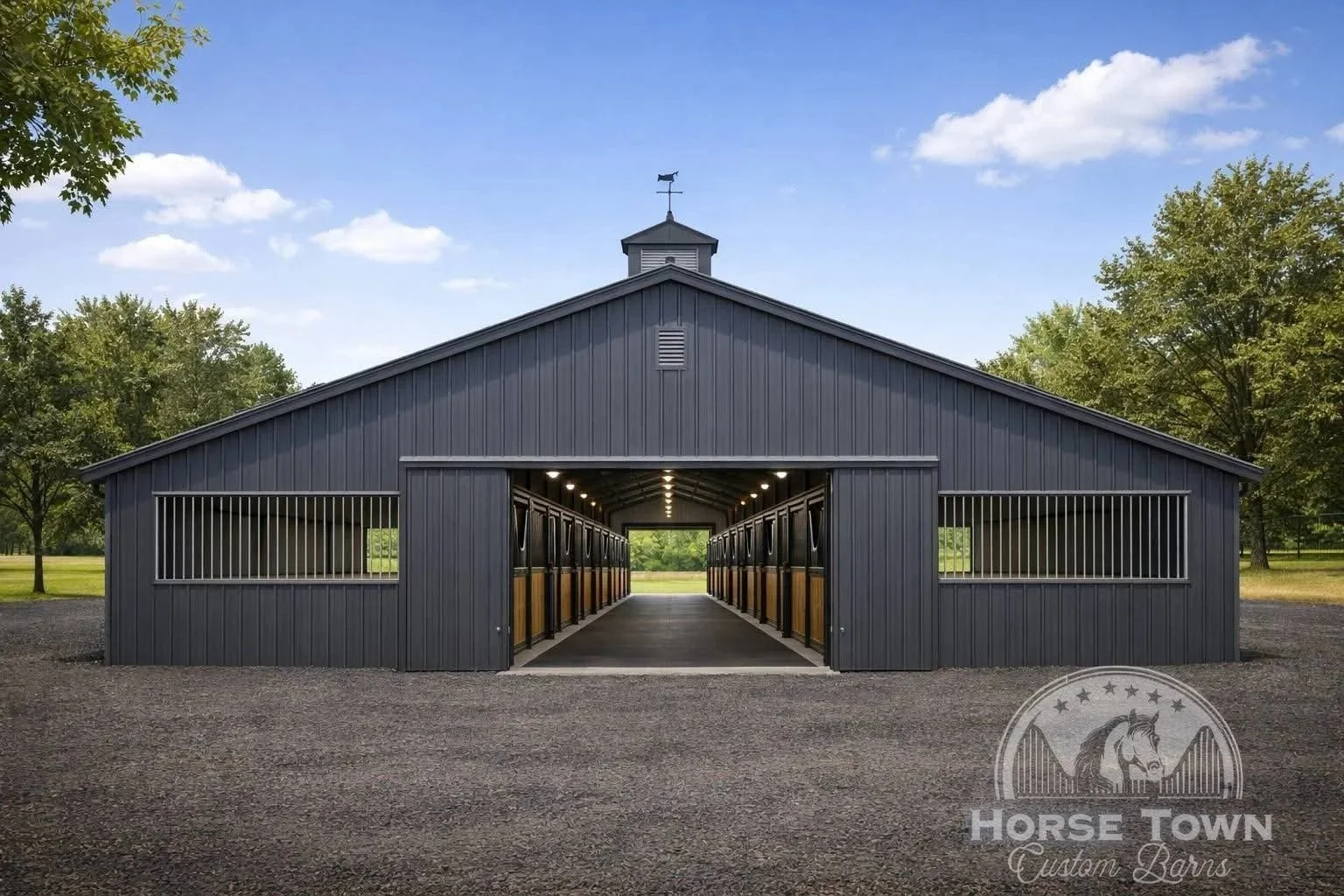 Blue horse barn with open doors showing horse stalls inside, set in a grassy area with trees and a blue sky.