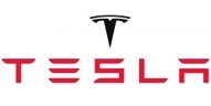 Tesla logo with the word 'Tesla' in red capital letters underneath.