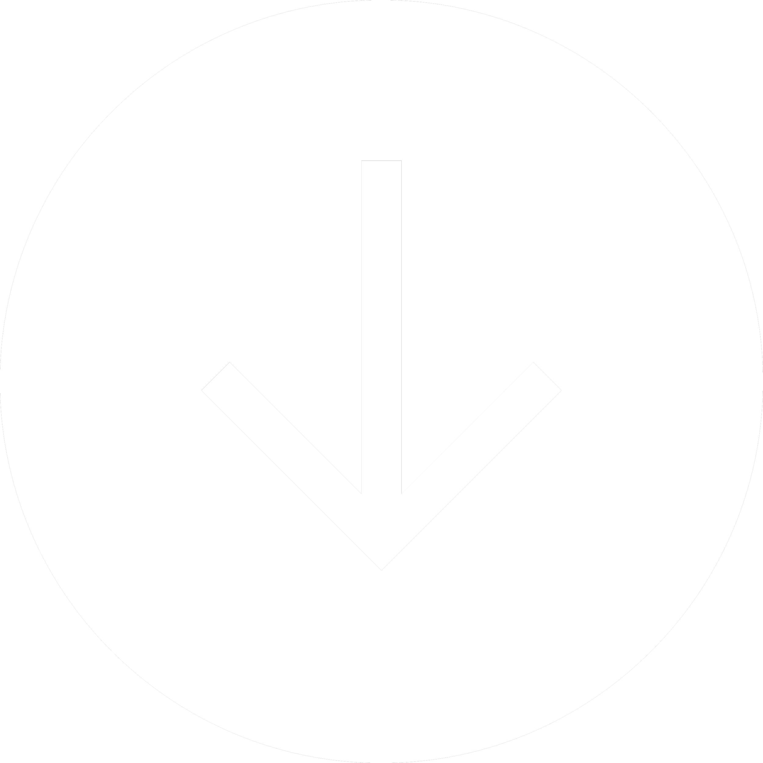An arrow pointing downward on a circular white background with a black border.