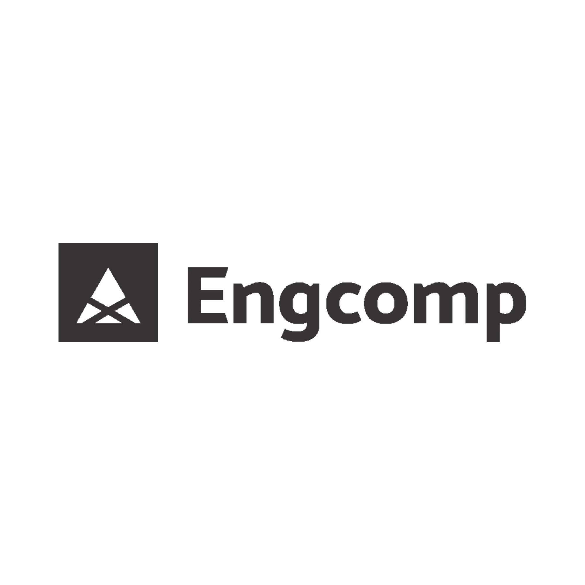 Image contains a black logo with a white abstract triangle shape and the word 'Engcomp' in black text.