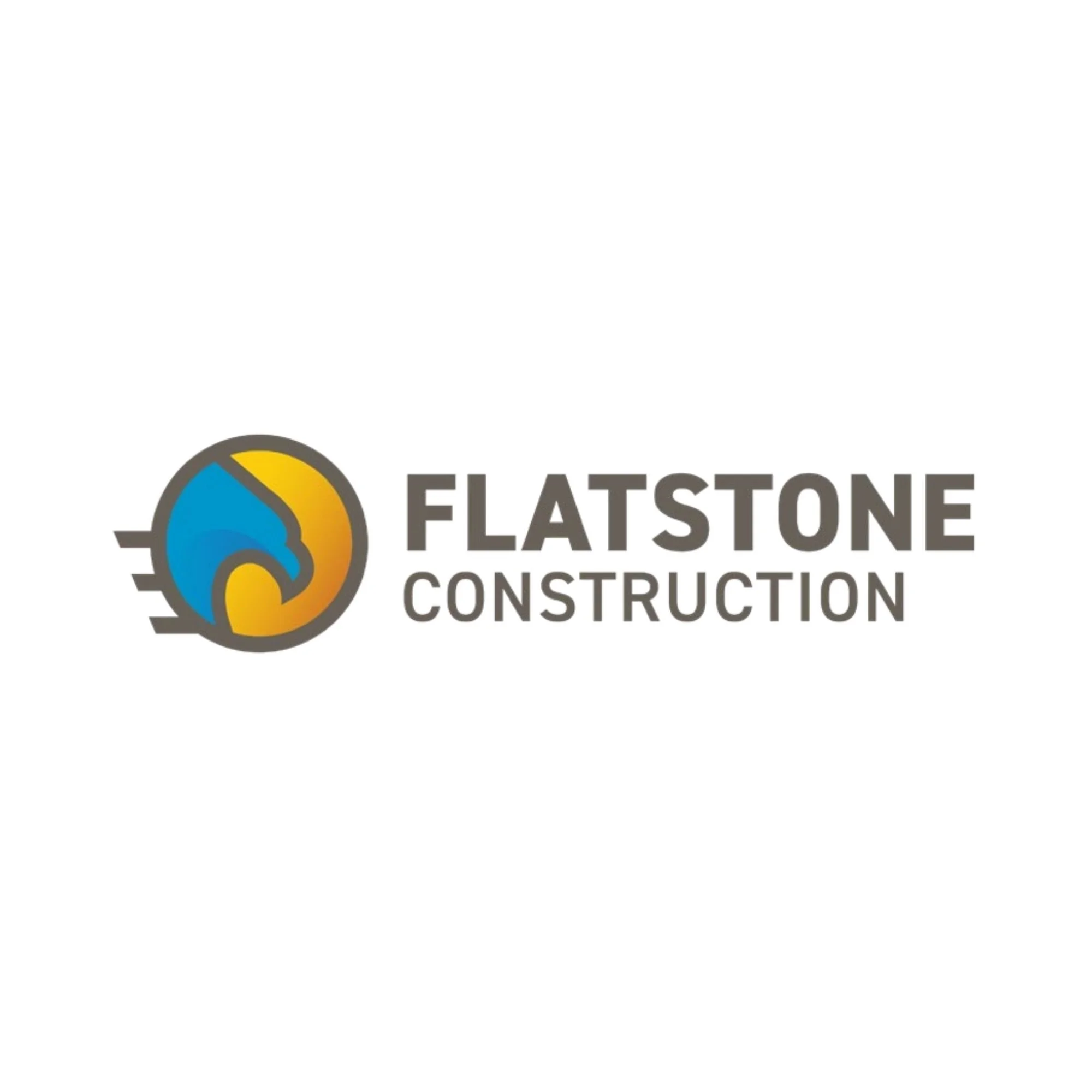 Logo for Flatstone Construction featuring a stylized design with blue and yellow elements next to the company name in bold gray text.
