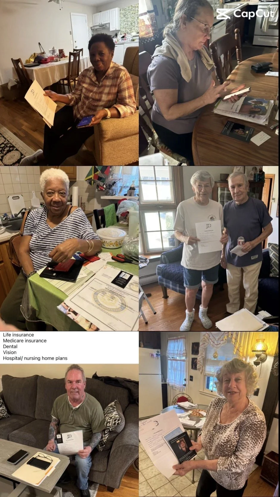 Collage of six people in various indoor settings, holding documents, one seated on a couch, others at a table or standing near kitchen or dining areas, with some showing certificates or paperwork related to life or health insurance.