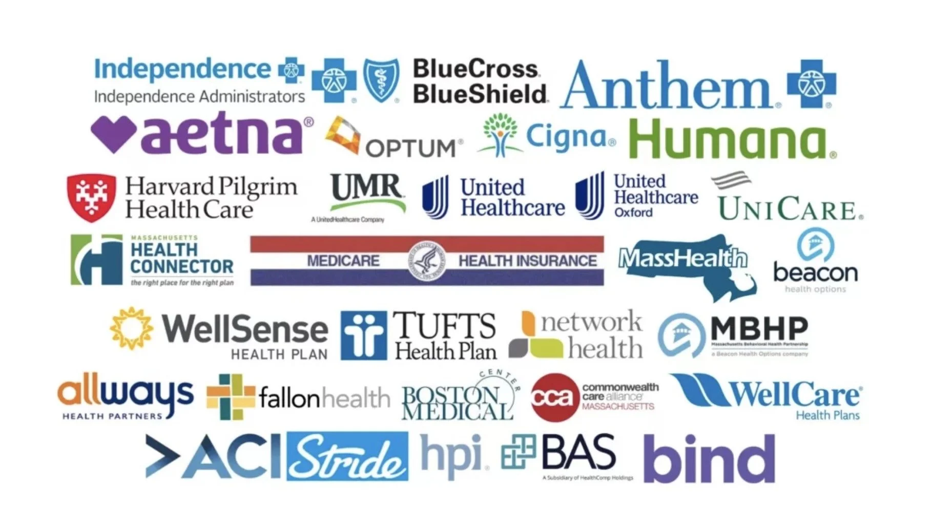 Collection of health insurance and healthcare company logos, including Anthem, Cigna, Humana, United Healthcare, Harvard Pilgrim, WellSense, Tufts Health Plan, Boston Medical, BCBS, and others.