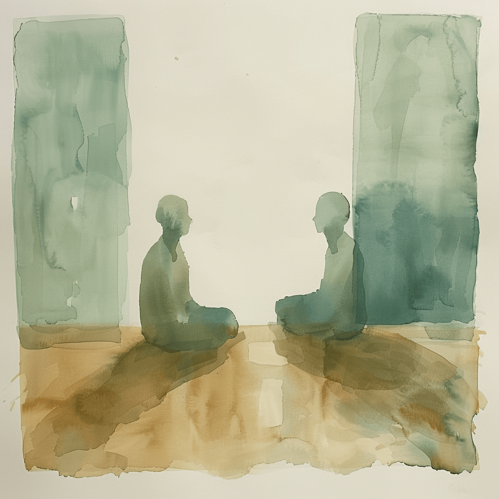 Watercolor illustration of two people seated across from each other in a warm room