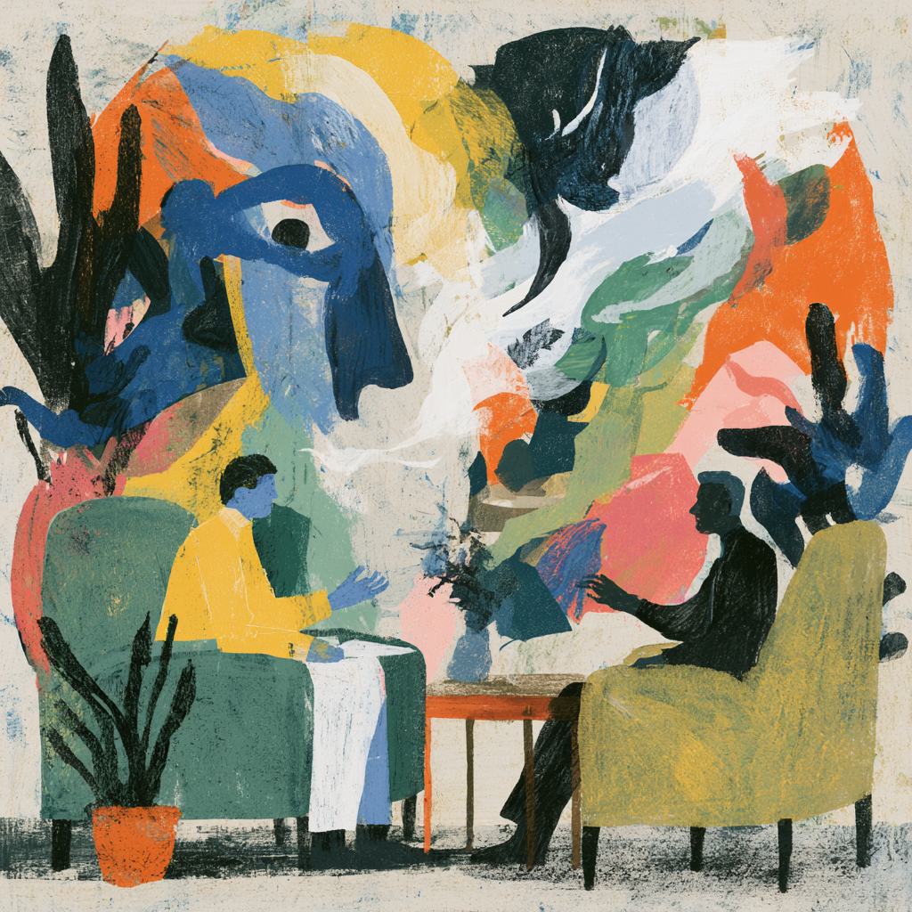 Colorful abstract illustration of a therapist and client talking in green armchairs