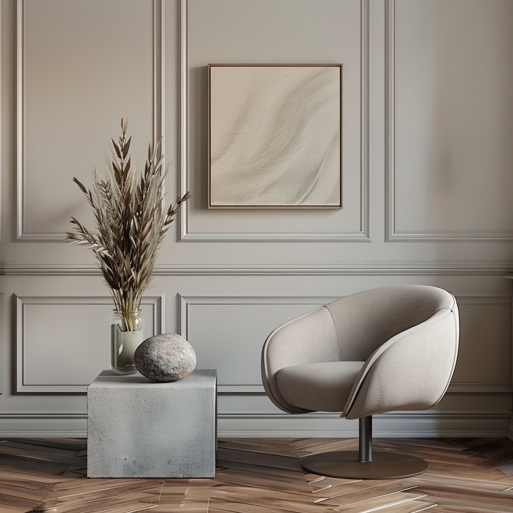 Neutral-toned armchair and dried botanicals in a calm, minimalist room
