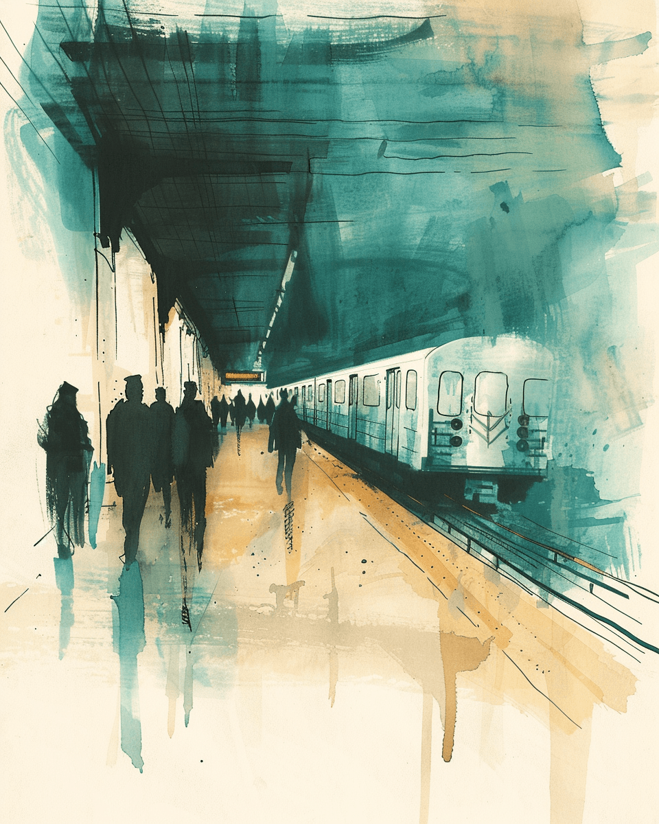 Ink-wash illustration of a Brooklyn subway platform at rush hour