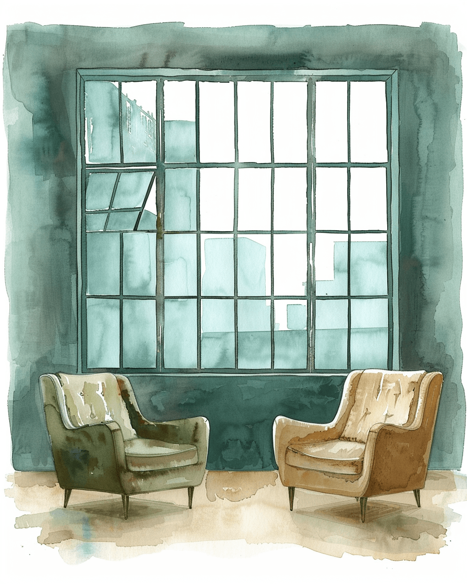 Watercolor illustration of two armchairs facing each other by a loft window
