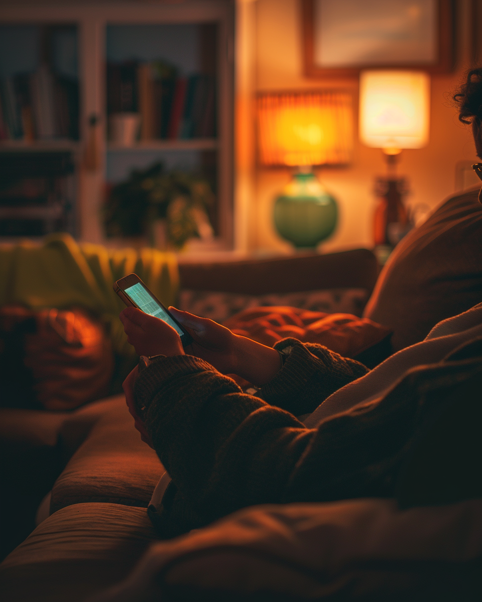 Person on a couch hesitating over a message on their phone, representing common questions about therapy for relationship issues