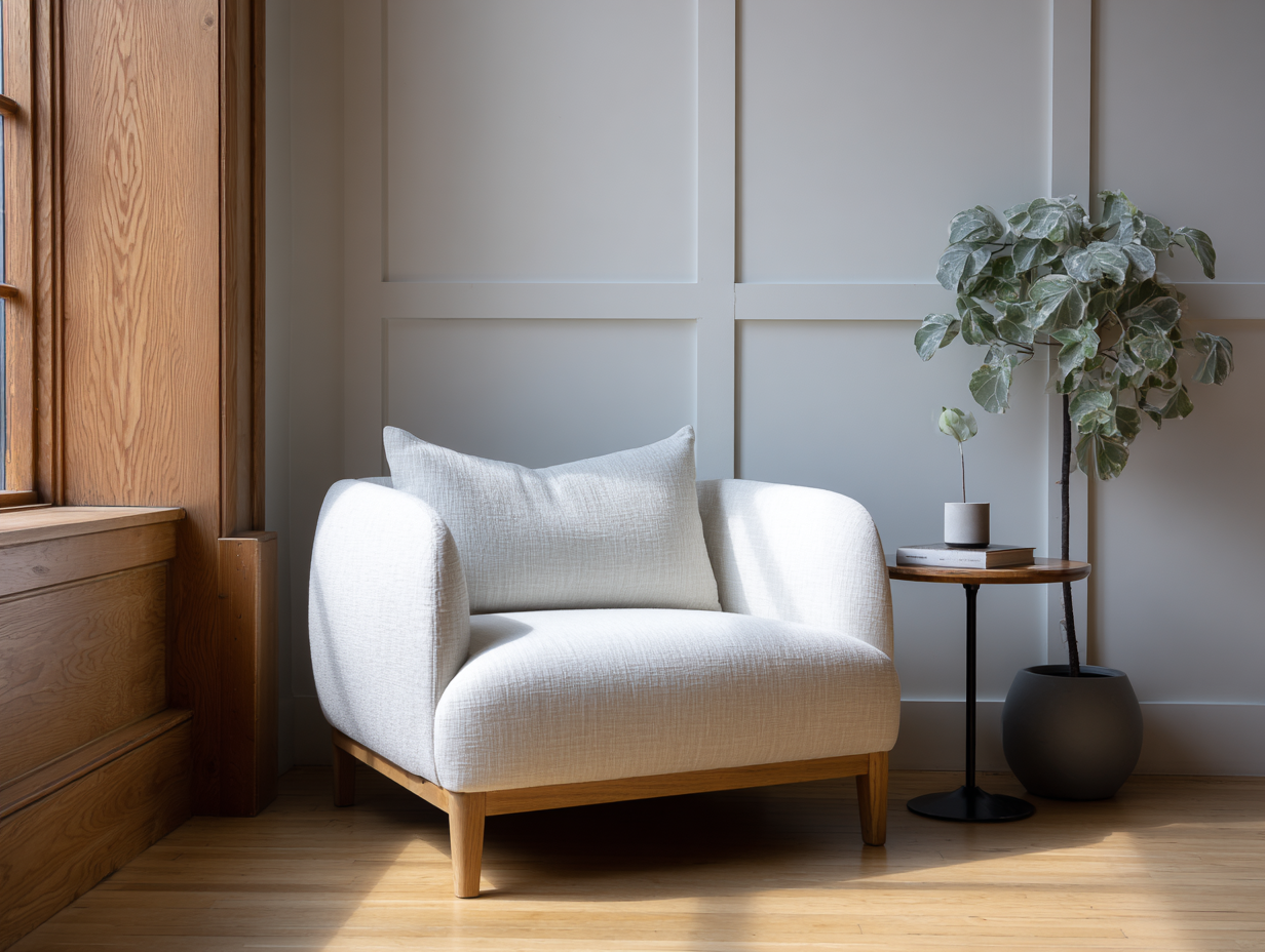 Cozy white armchair beside a plant in a calm, sunlit room