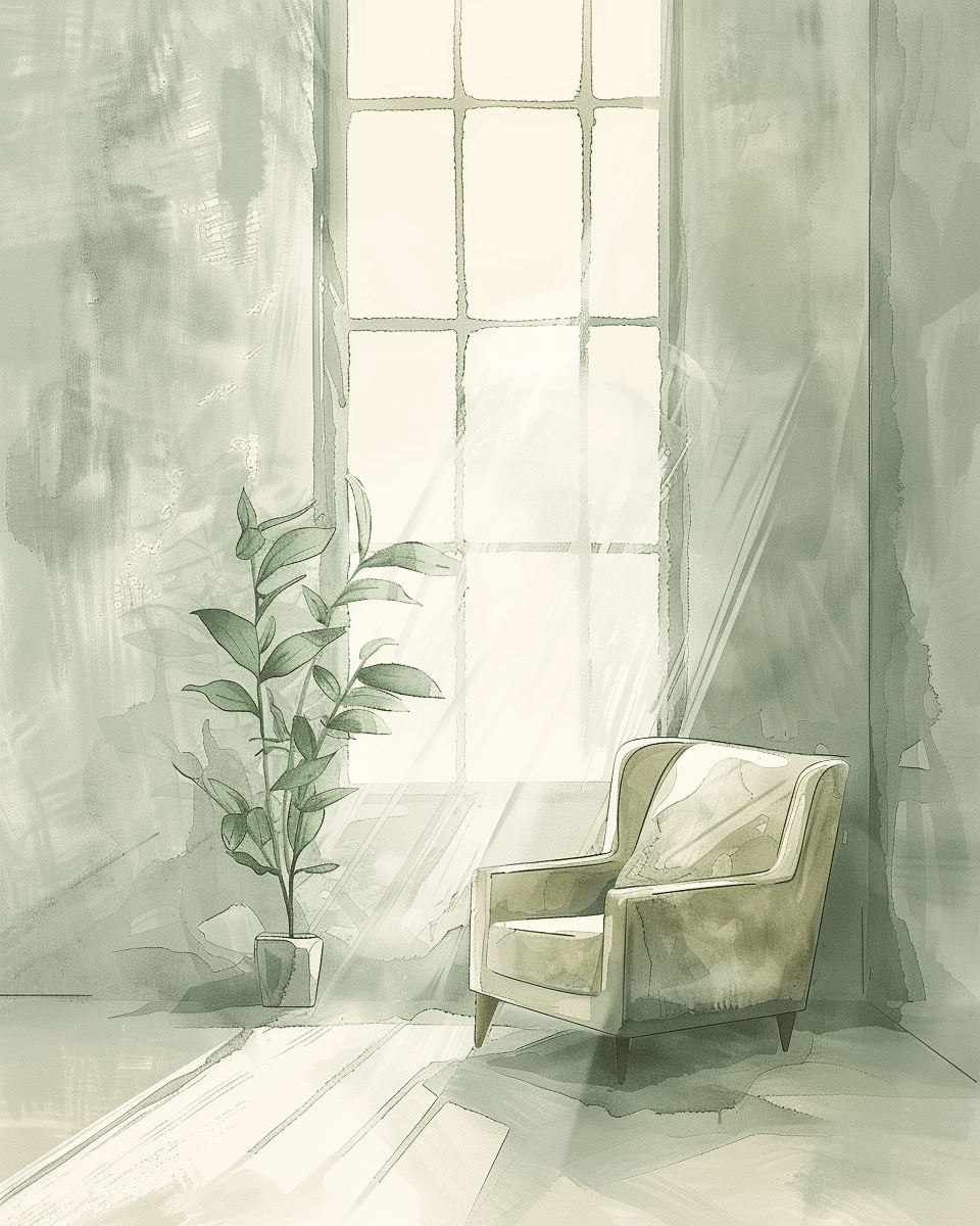 Ink-wash illustration of an armchair beside a sunlit window