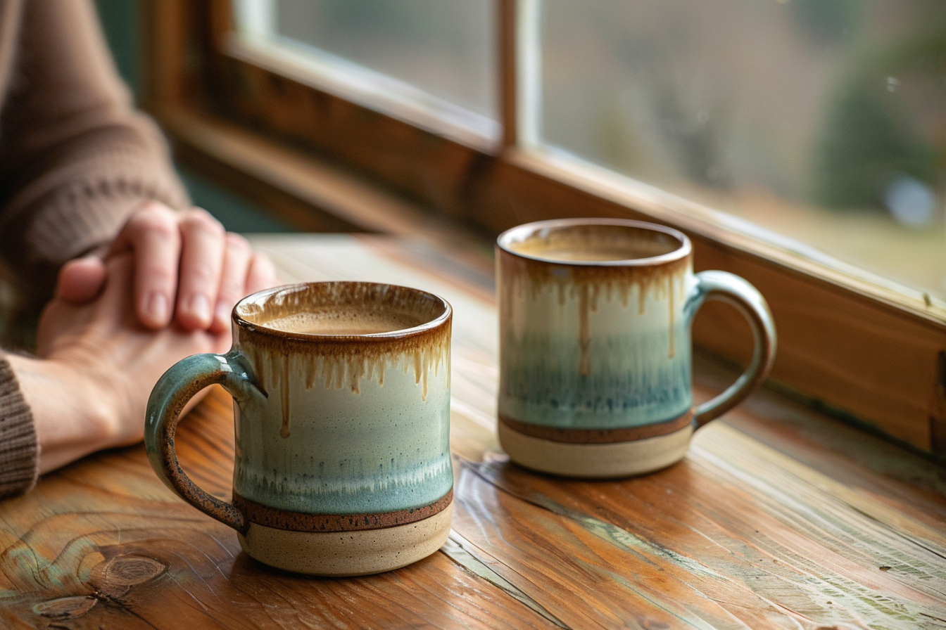 Two mugs on a table during a supportive therapy conversation with Rhythm Wellness