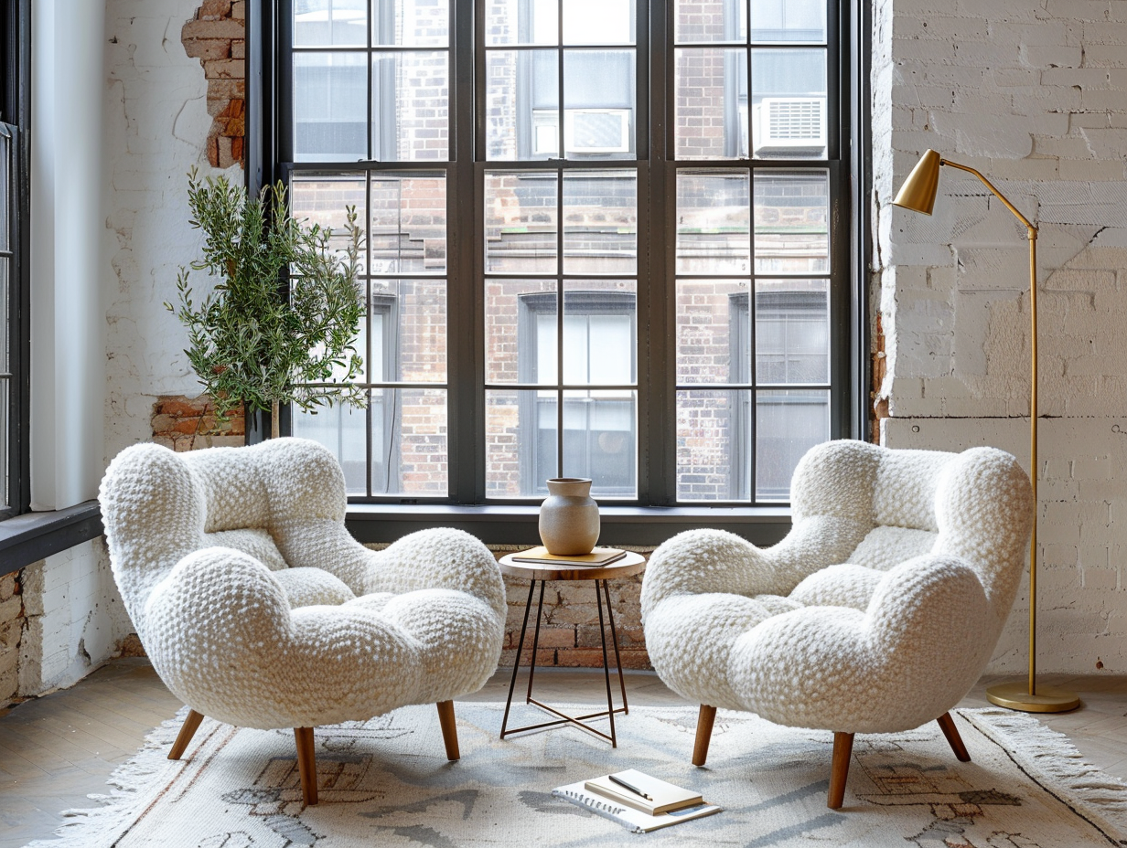 Modern Brooklyn therapy office with two armchairs facing each other, warm light, and calm sophisticated design