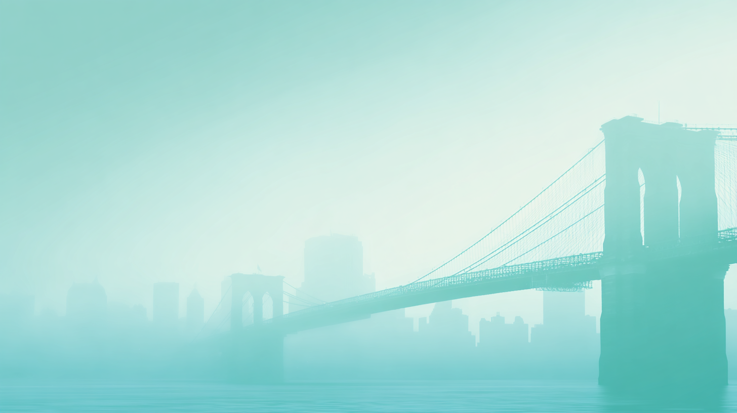 Faint view of the Brooklyn Bridge with New York City skyline in the background, over a water body, shrouded in fog with a teal color tone.
