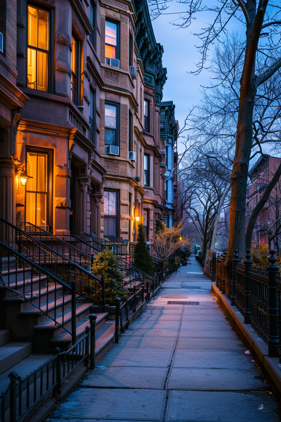 New York brownstone street at dusk with warm light in the windows